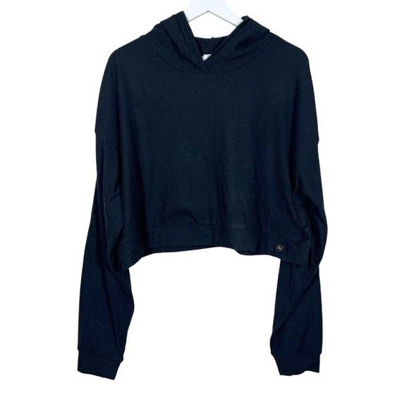 YoungLA Womens Black Ribbed Crop Casual Workout Athleisure Hoodie Sweatshirt - Picture 1 of 7